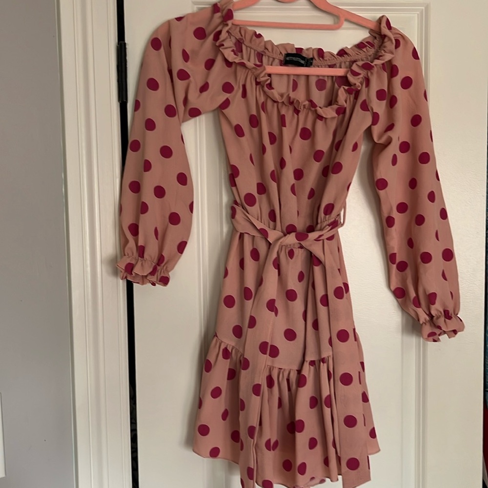 Pretty Little Thing Pink Polka Dot Off the Shoulder Dress